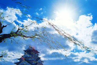 雲湧き、風起こり、まばゆい太陽が光を放つ。その自然のドラマのもと、大阪城が堂々とそびえる。“常勝”の誇りも高き民衆の勝利劇を厳と見つめるように――（１９９７年１１月、池田先生撮影）